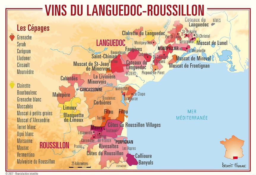 프랑스에서 면적으로 가장 넓은 와인 산지인 프랑스 남서부 지중해 연안지역인 랑그독. 원래 랑그독은 지금 랑그독의 동쪽 및 북쪽 대부분을 차지했다. 루시용(루씨옹)은 그 남단을 차지하던 지명이다. 출처 Benoit France 와인투어 관광엽서