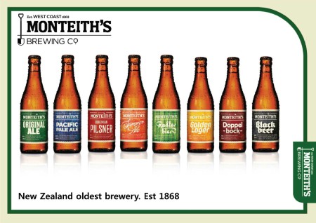 젝심이 국내에서 유통중인 뉴질랜드 몬티스 맥주 시리즈의 주요 8가지 품목. ‘오리지널 에일’(왼쪽부터), ‘퍼시픽 페일 에일’, ‘보헤미안 필스너’, ‘섬머 에일’, ‘라들러 비어’, ‘골든 라거’, ‘도펠 복’, ‘블랙’