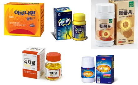 비타민B시장을 이끄는 일동제약의 ‘아로나민골드’(사진왼쪽 위부터 시계방향), 대웅제약의 ‘임팩타민’, 유한양행의 ‘삐콤씨’, 한미약품의 ‘제텐비’, 다케다제약의 ‘액티넘’