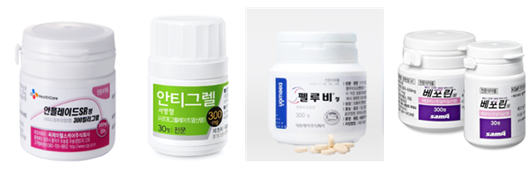 혈전용해 개량신약인 씨제이헬스케어의 안플레이드SR정300mg(사진 왼쪽부터), 동일 성분 후발 제네릭인 국제약품의 안티그렐서방정, 삼아제약 알레르기비염치료제 베포린서방정, 대원제약 소염진통제 펠루비서방정.